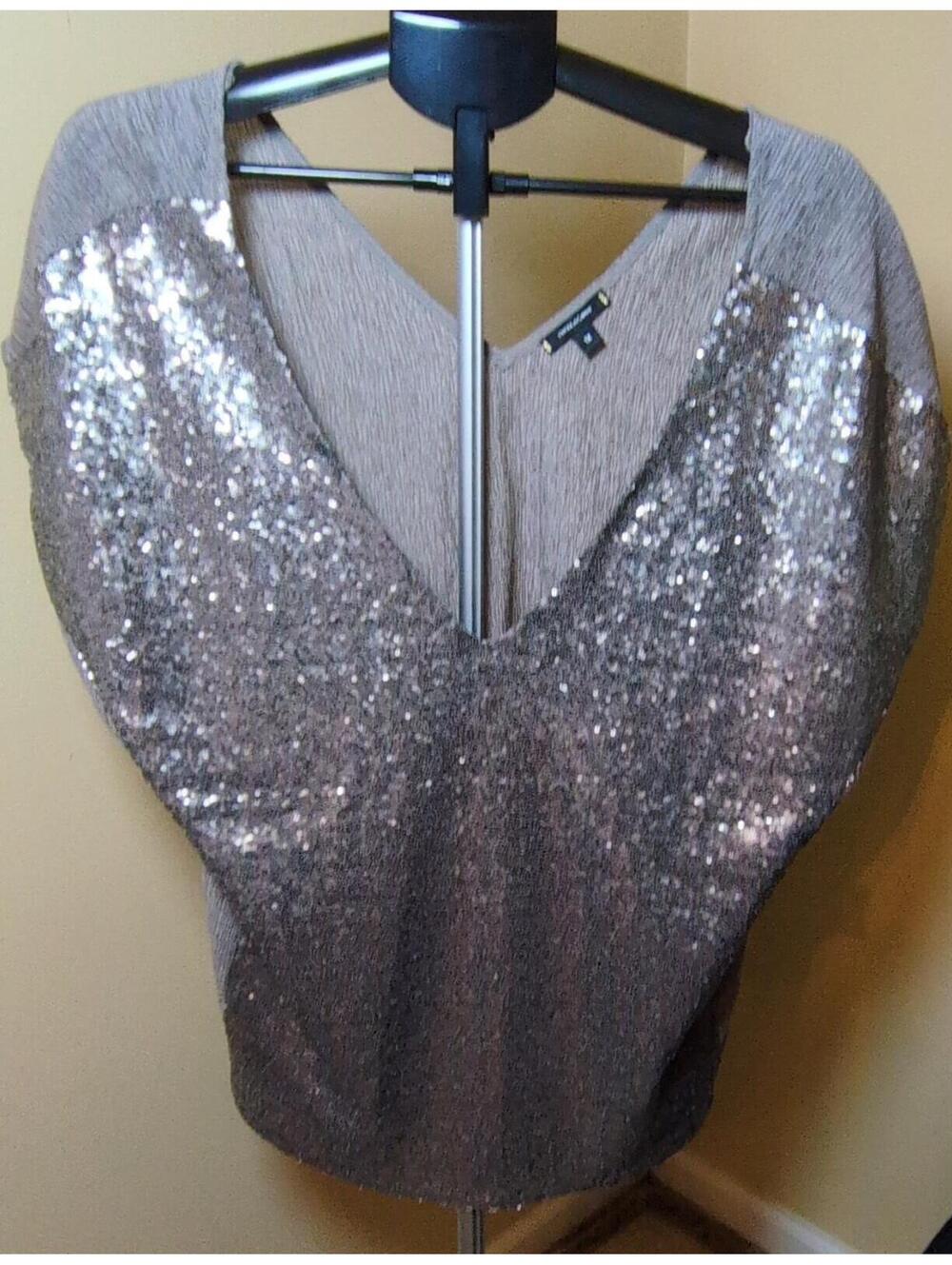 Stella & Dot Sequin V-Neck Dolman Sleeve Pullover Blouse Silver 1X Women's